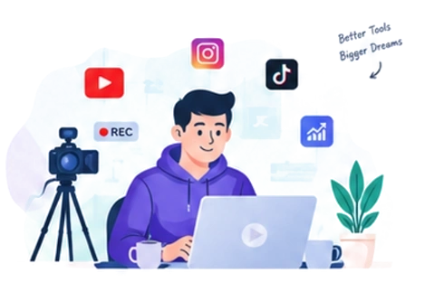 Creator wearing purple hoodie working on laptop with camera, studio plant, and social media tools